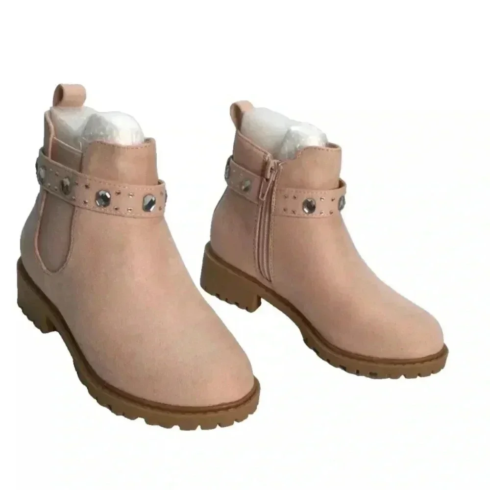 NIB Rilista Girls Lug Sole Boot Chelsea Non-slip Suede Rhinestone Kids Size 4